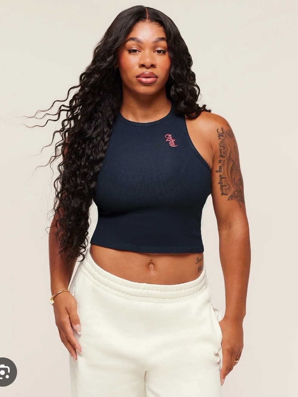 Gymshark Navy Ribbed Cropped Tank with Pink Embroidered Logo